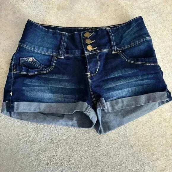 YMI Blue Jean Shorts with Rolled Cuffs and Distressed Look - Picture 1 of 7